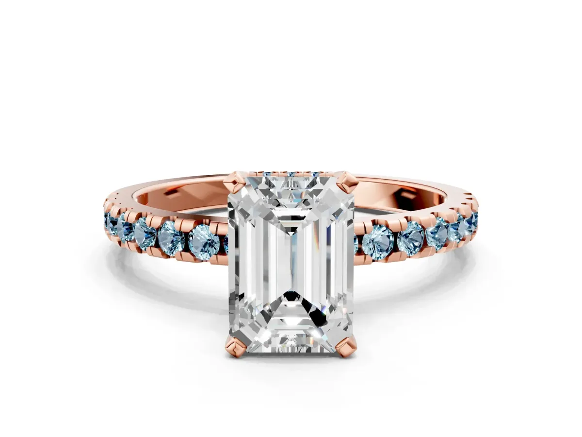 Emerald Cut Diamond Solitaire Ring with Round Aquamarine Pavé Band and Four-Prong Setting Rose gold