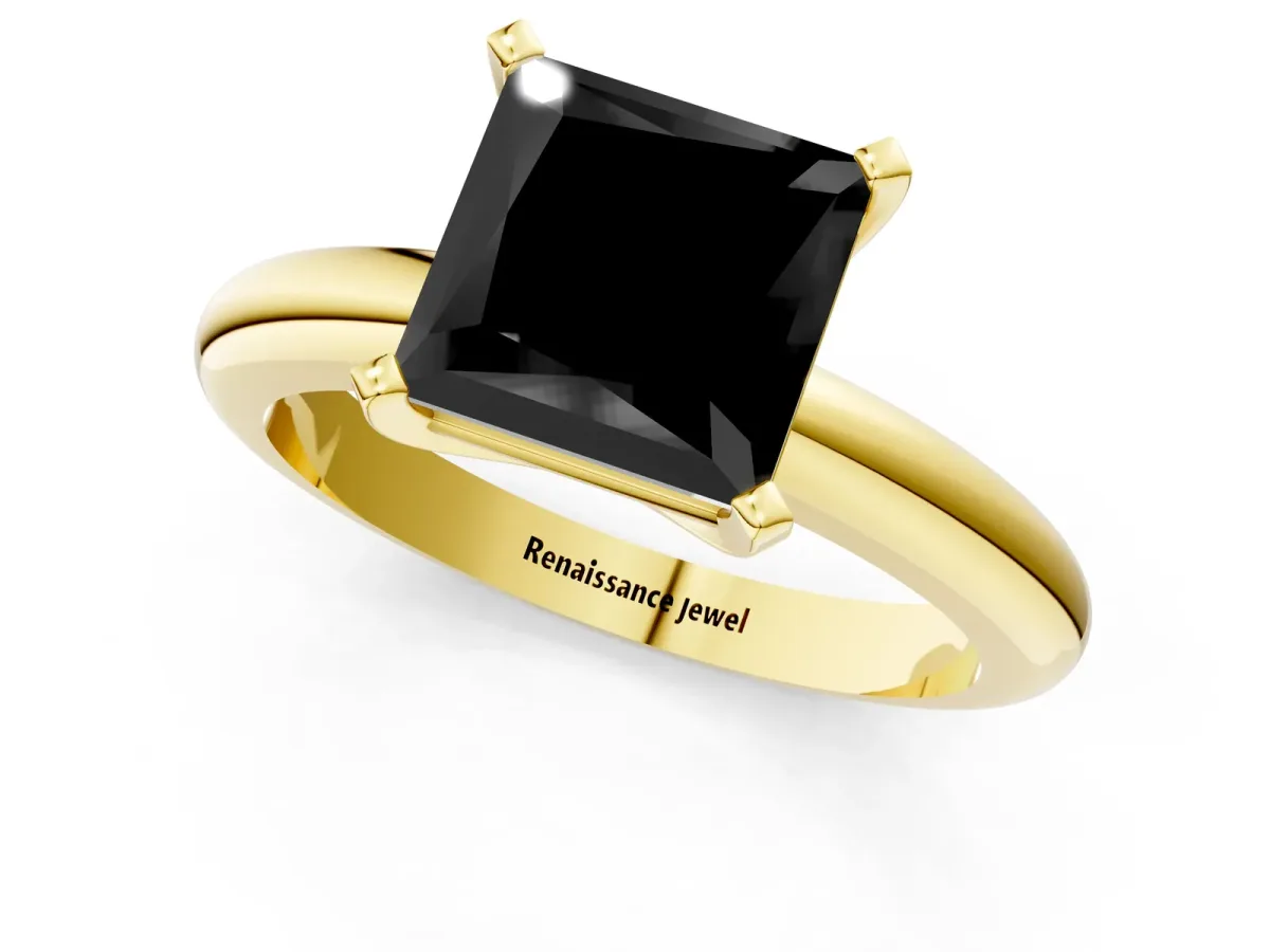 Fancy Black Princess Cut Diamond Solitaire Engagement Ring with Round Band and Four-Prong Setting Yellow gold