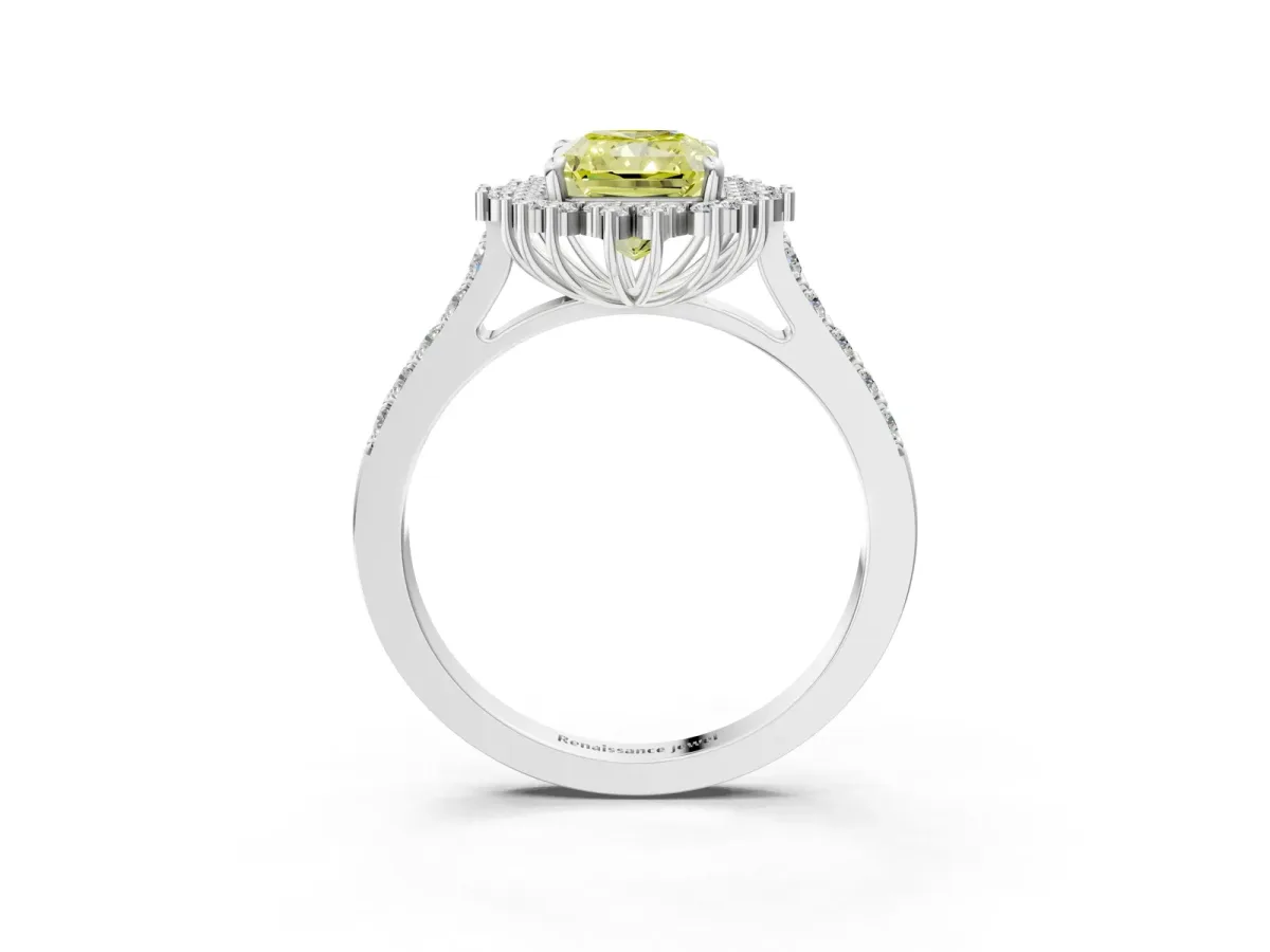 Fancy Yellow Radiant Cut Cut Diamond Sunburst Halo Engagement Ring with Pavé Band Platinum