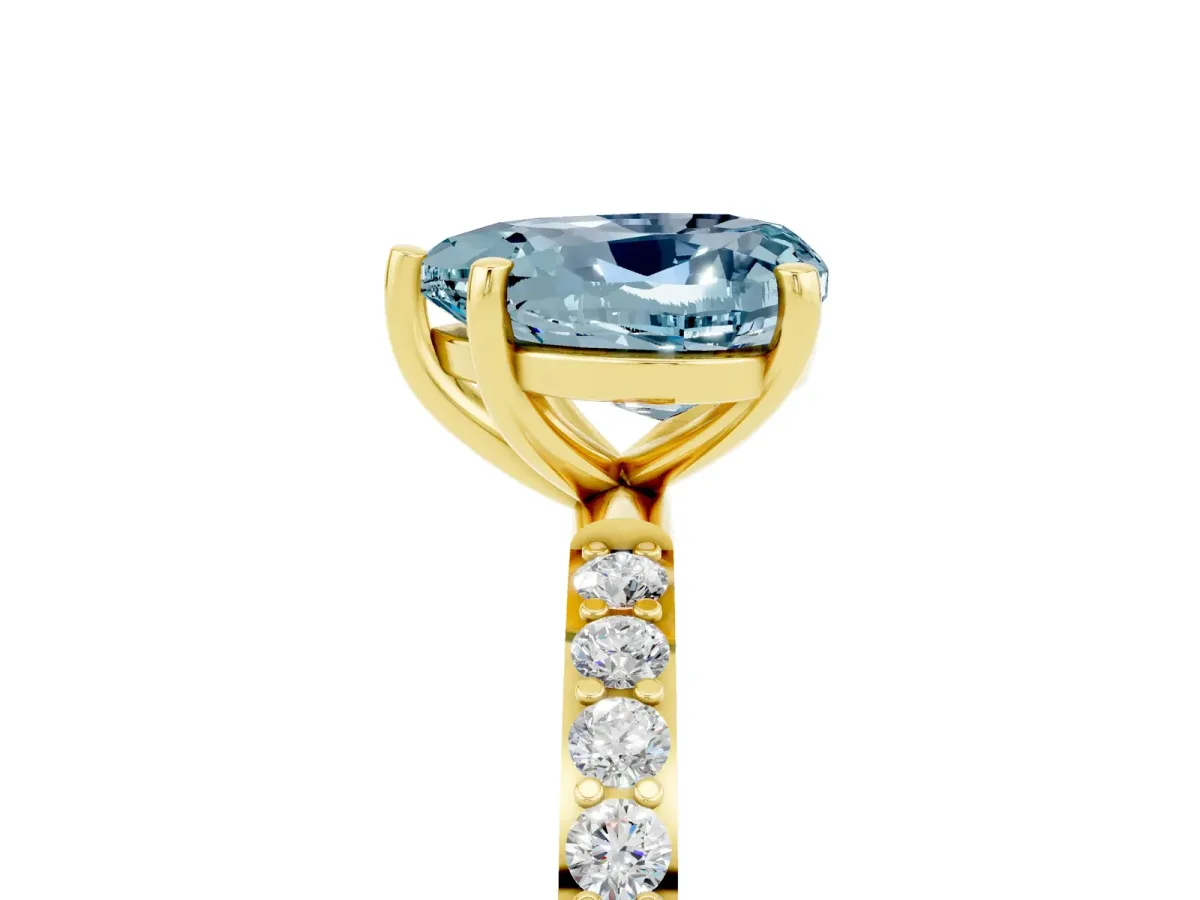 Heart Cut Aquamarine Solitaire Ring with Round Pavé Band and Prong Setting Yellow gold