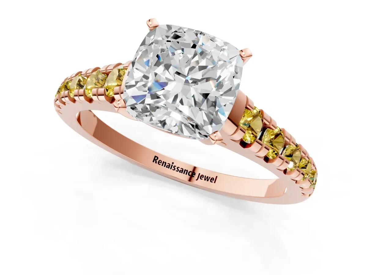 Cushion Cut Diamond Cathedral Solitaire Ring with Round Yellow Sapphire Pavé Band Rose gold