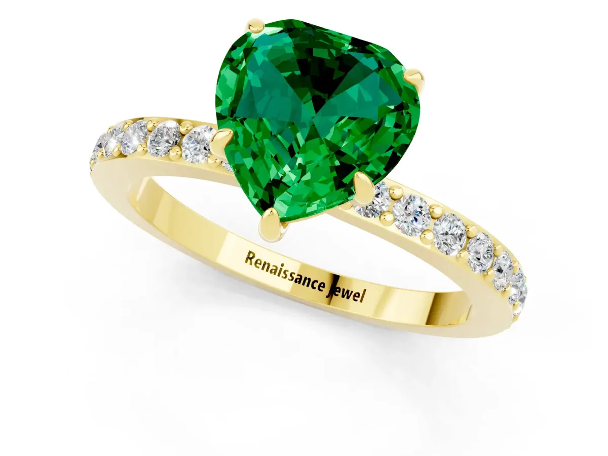 Heart Cut Emerald Solitaire Engagement Ring with Pavé Band and Four-Prong Setting Yellow gold