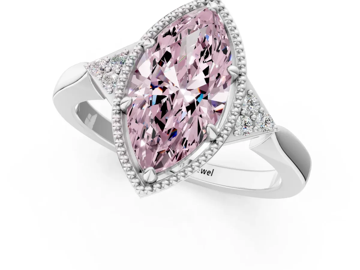 Fancy Pink Milgrain Marquise Cut Cut Diamond Ring with Tapered Pave Band and Four Prong Setting Platinum