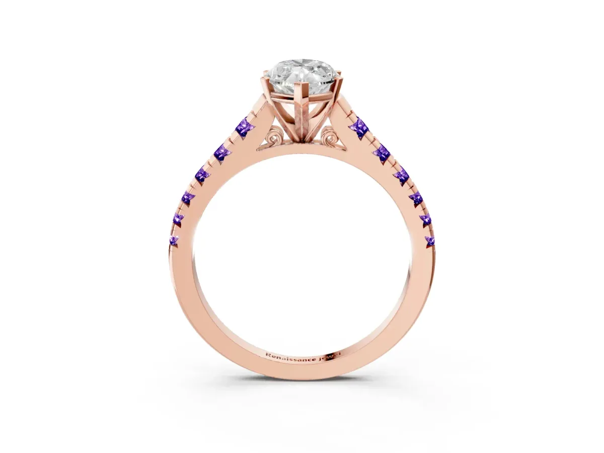 Marquise Cut Diamond Cathedral Solitaire Ring with Round Tanzanite Pavé Band Rose gold