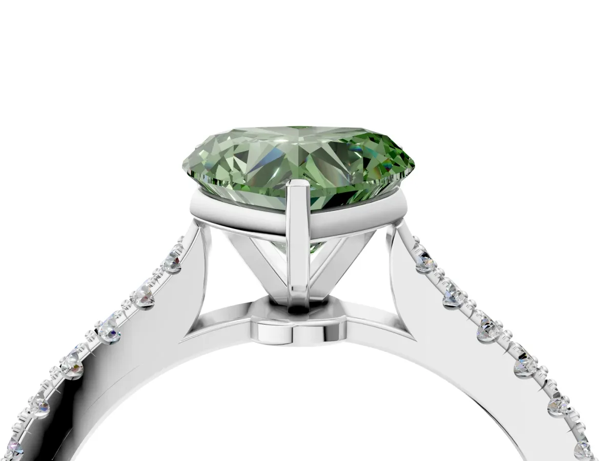 Fancy Green Heart Cut Cut Solitaire Diamond Engagement Ring with Pave Band and Four-Prong Setting White gold