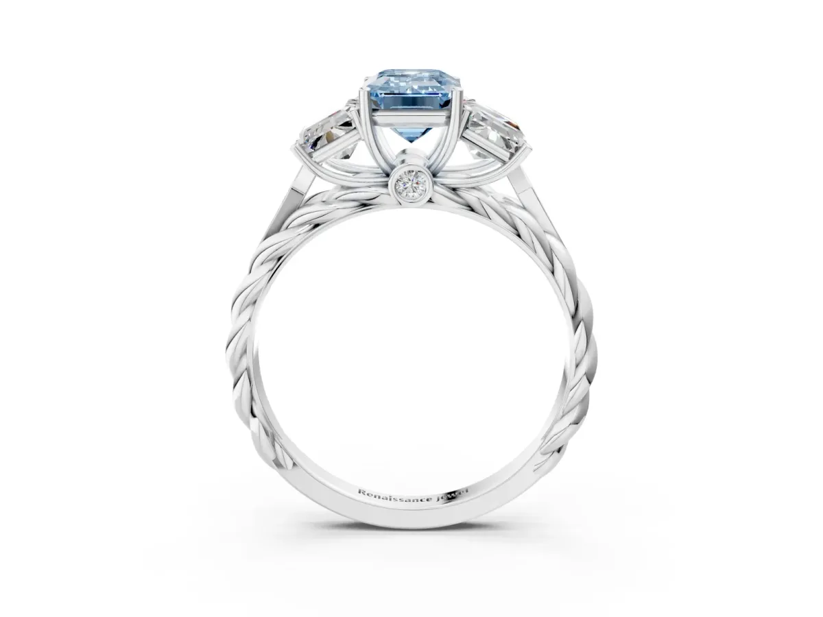 Fancy Blue Three-Stone Emerald Cut Diamond Braided Band Ring with Four-Prong Setting Silver