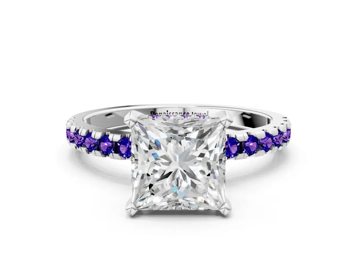 Princess Cut Diamond Solitaire Ring with Round Tanzanite Pavé Band and Four-Prong Setting White gold
