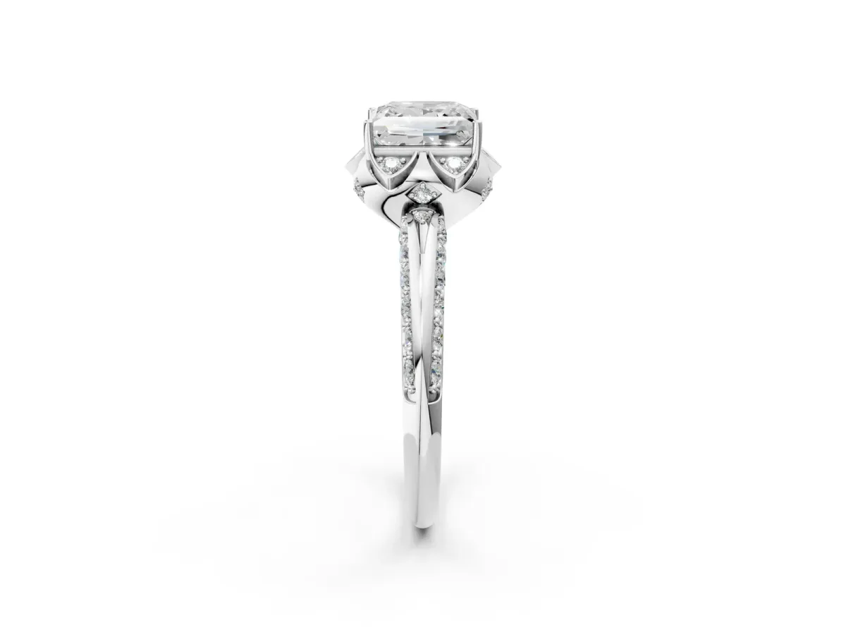 Princess Cut Halo Split Shank Pave Diamond Ring with Petal Prong Setting White gold