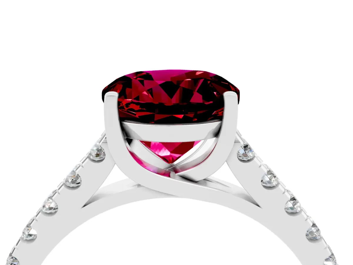 Round Cut Garnet Pavé Band Solitaire Ring with Prong Setting White gold