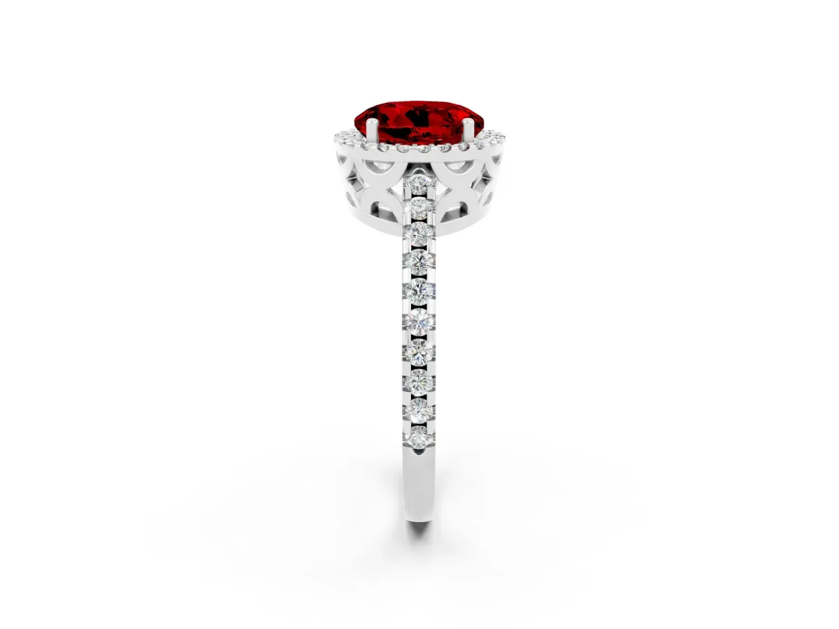Round Cut Ruby Halo Engagement Ring with Pavé Band and Prong Setting White gold