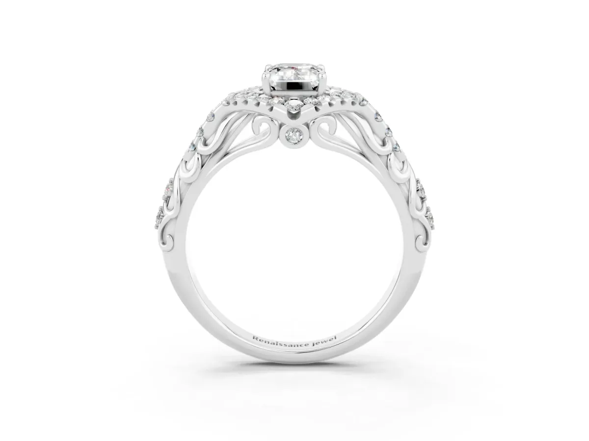 Emerald Cut Moissanite Solitaire Ring with Hidden Halo and Pavé Band White gold
