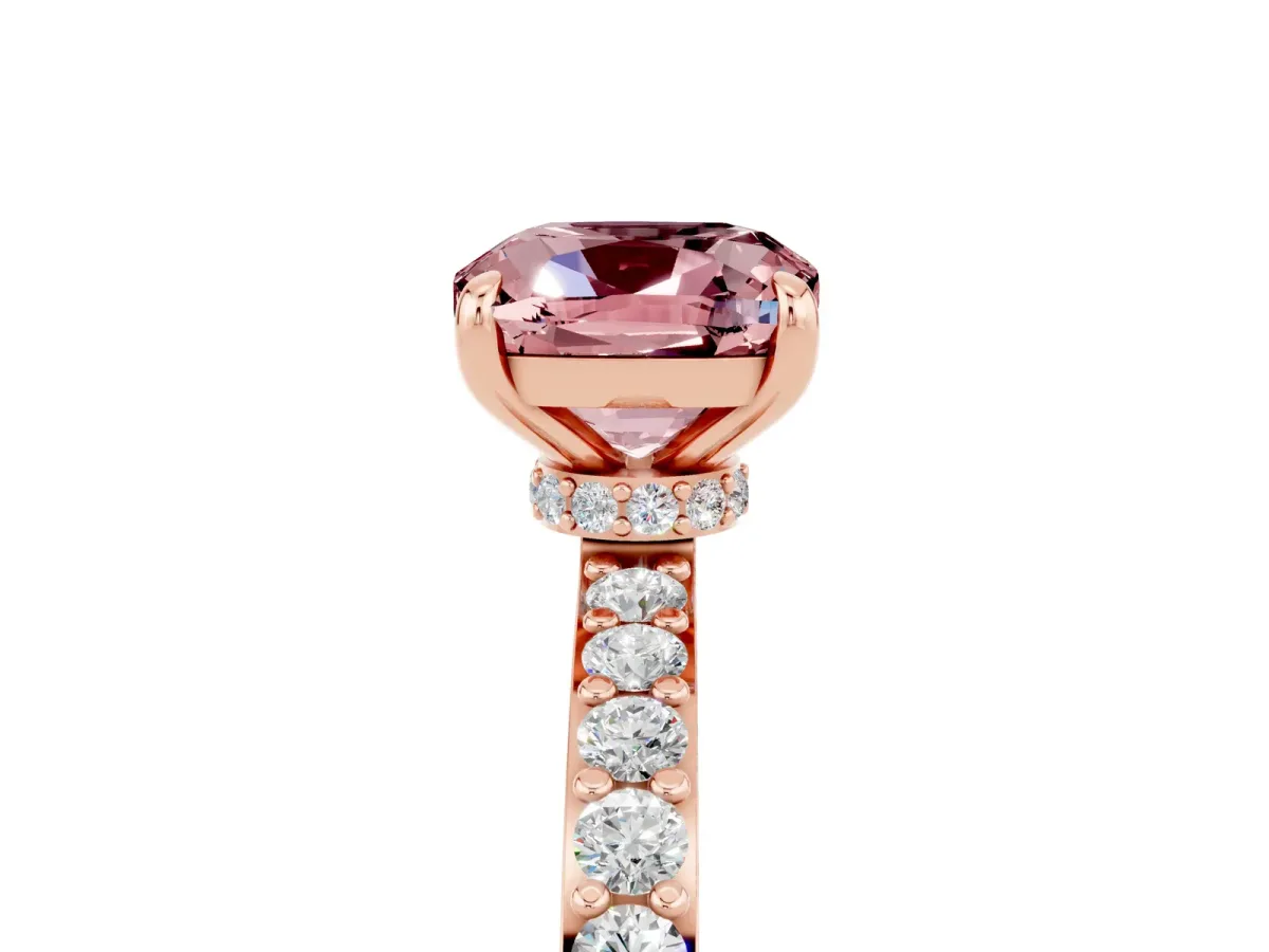 Cushion Cut Morganite Solitaire Engagement Ring with Pavé Band and Four-Prong Setting Rose gold