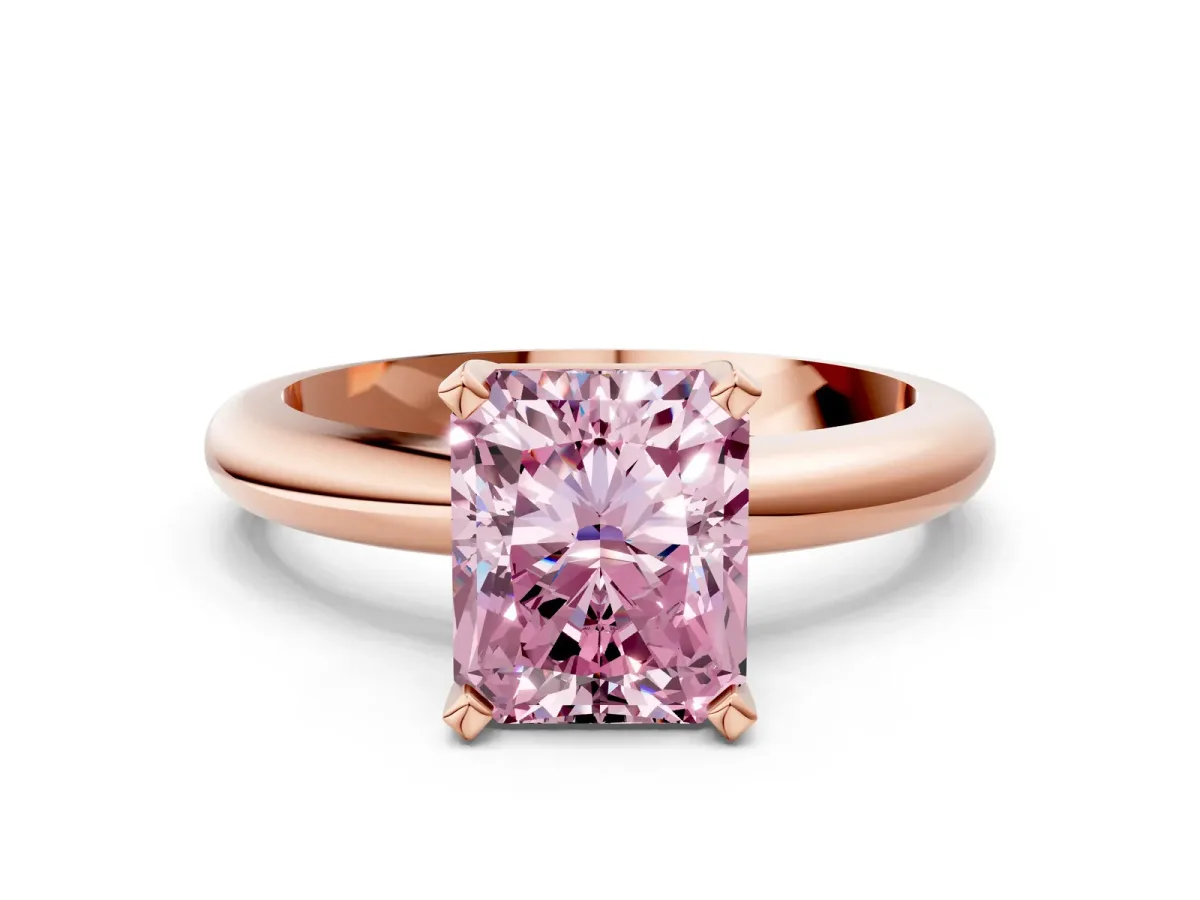 Fancy Pink Radiant Cut Diamond Solitaire Engagement Ring with Round Band and Four-Prong Setting Rose gold