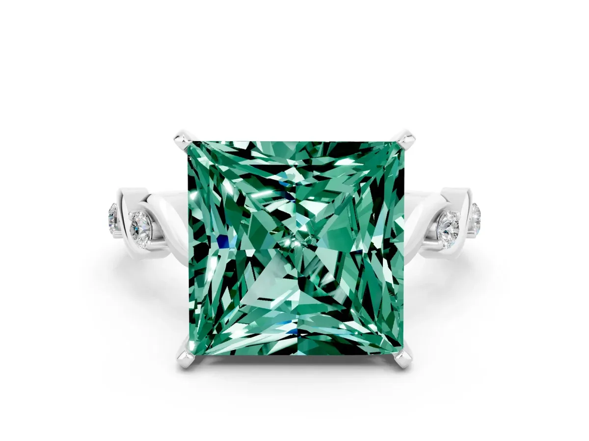 Princess Cut Green Sapphire Solitaire Twisted Band with Round Accents and Prong Setting Platinum