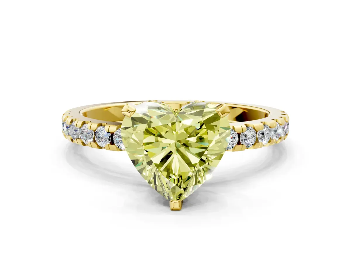 Fancy Yellow Heart Cut Diamond Solitaire Ring with Round Pavé Band and Four-Prong Setting Yellow gold