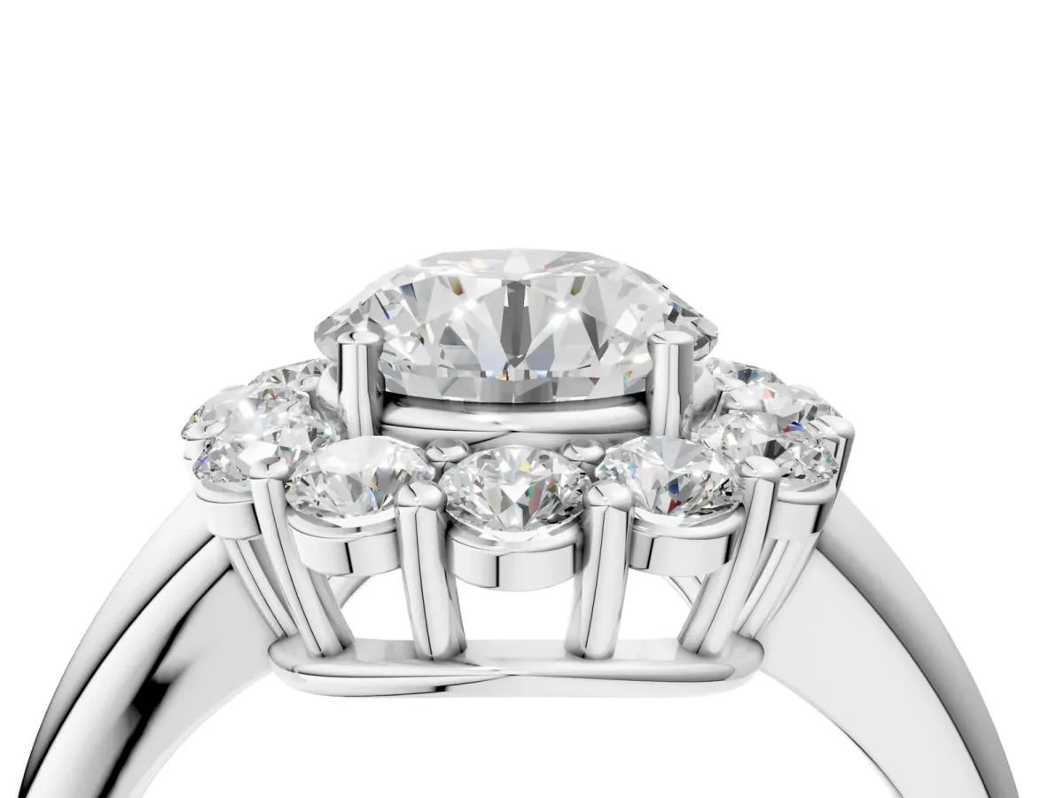 Round Cut Halo Cluster Diamond Engagement Ring with Prong Setting and Polished Band White gold