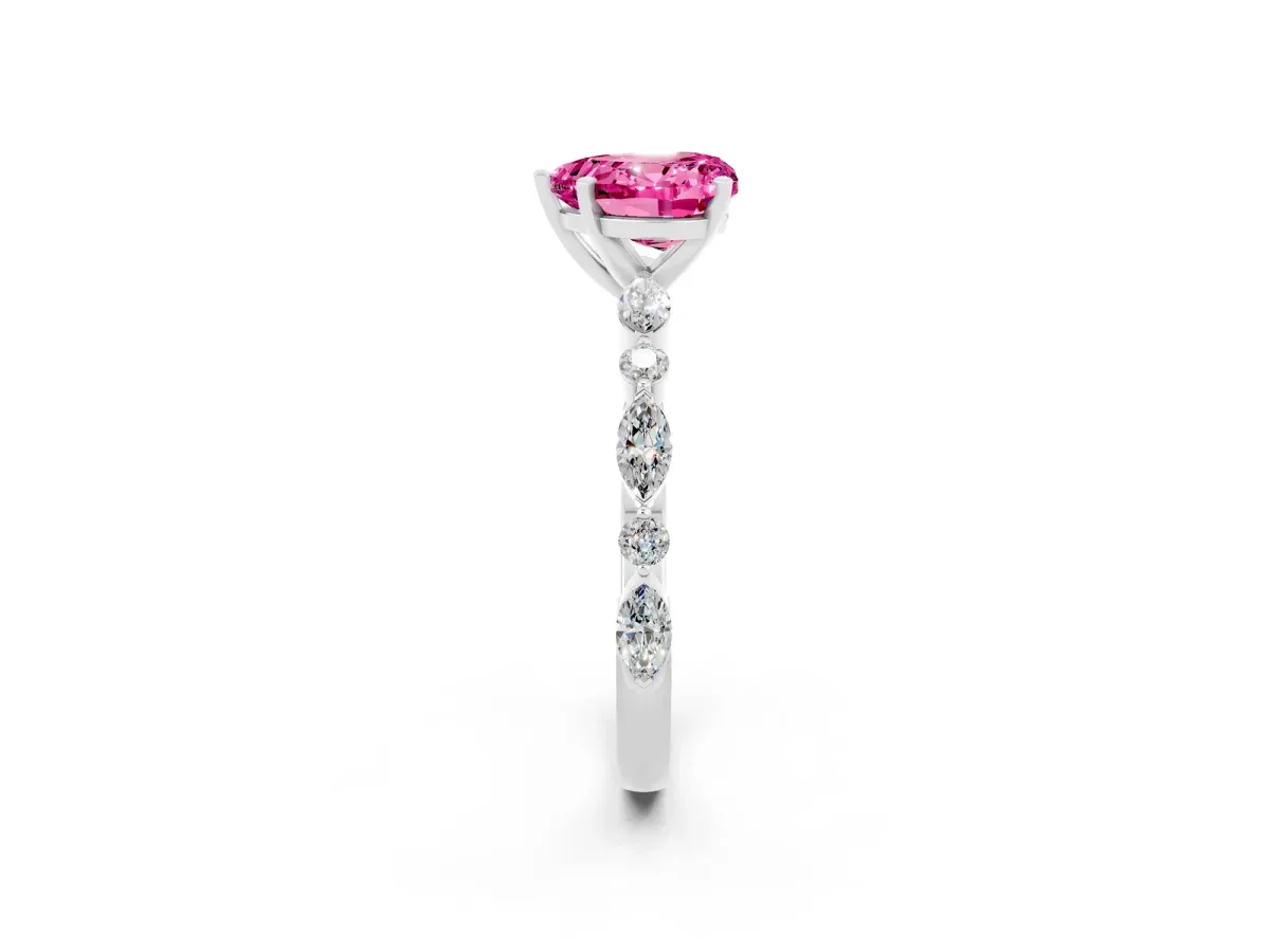 Heart Cut Pink Sapphire Ring with Marquise and Round Side Stones and Four-Prong Setting White gold