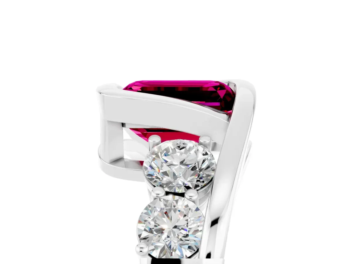 Bezel Set Emerald Cut Garnet Bypass Ring with Round Accents Platinum