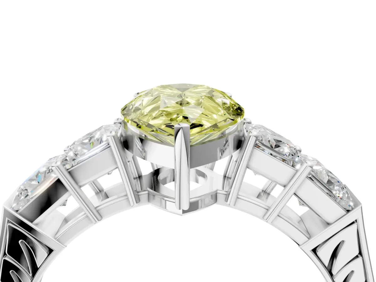 Fancy Yellow Pear Cut Solitaire Princess Side Stone Engraved Band Prong Setting Ring Platinum