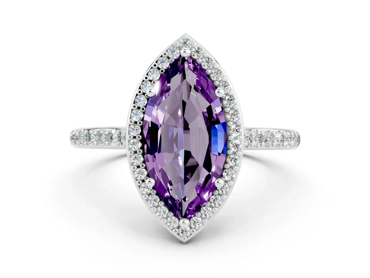 Marquise Cut Amethyst Halo Engagement Ring with Round Pavé Shoulders and Prong Setting Platinum