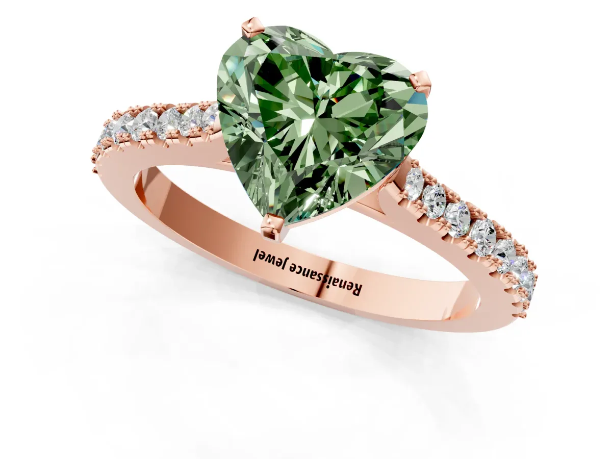 Fancy Green Heart Cut Cut Solitaire Diamond Engagement Ring with Pave Band and Four-Prong Setting Rose gold