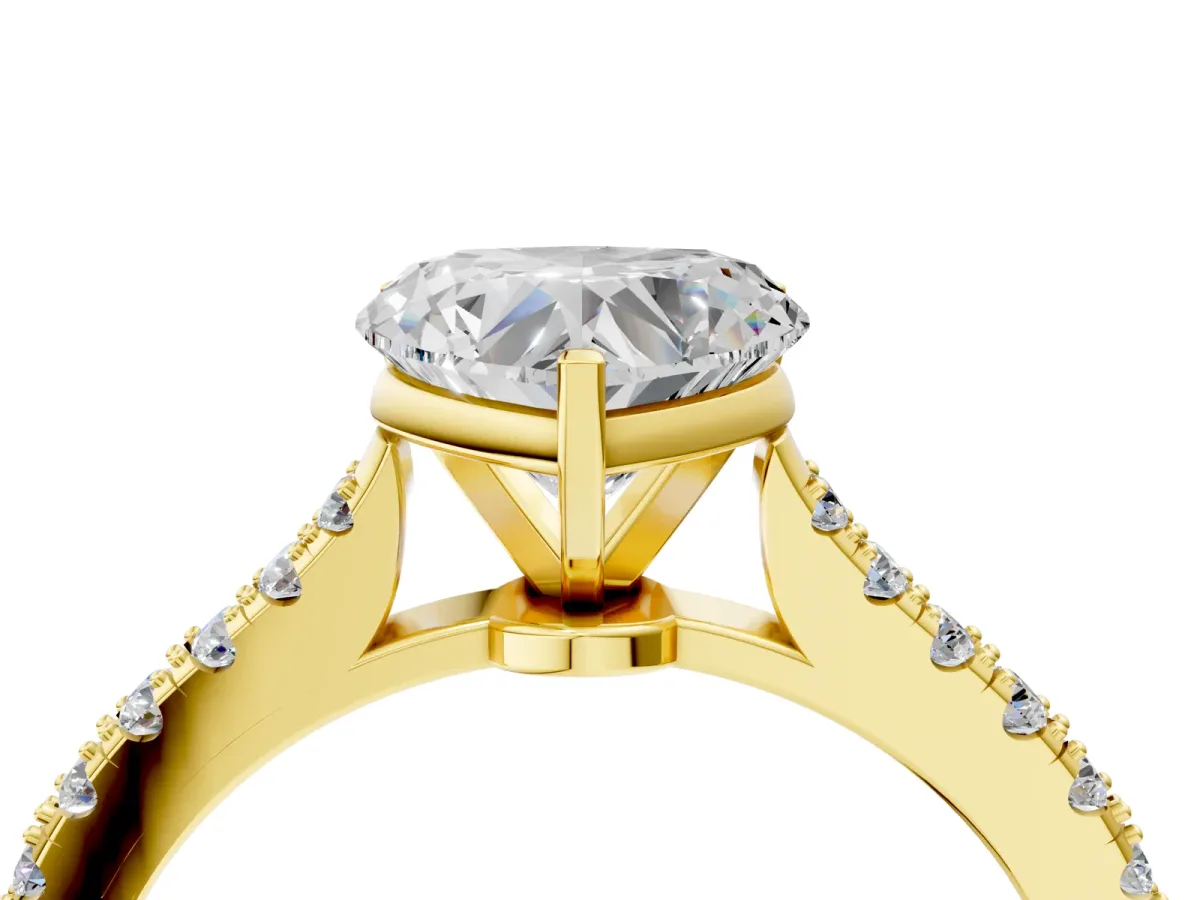 Heart Cut Cut Solitaire Diamond Engagement Ring with Pave Band and Four-Prong Setting Yellow gold