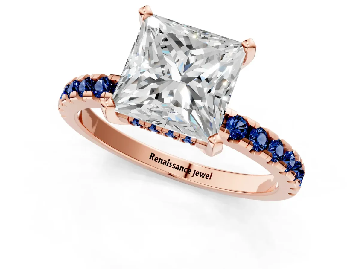 Princess Cut Diamond Solitaire Ring with Round Blue Sapphire Pavé Band and Four-Prong Setting Rose gold