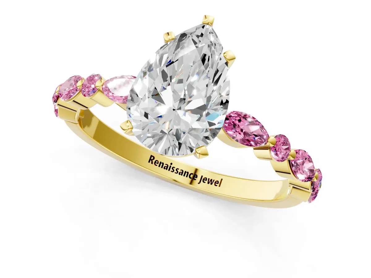 Pear Cut Diamond Ring with Marquise and Round Pink Sapphire Side Stones and Four-Prong Setting Yellow gold