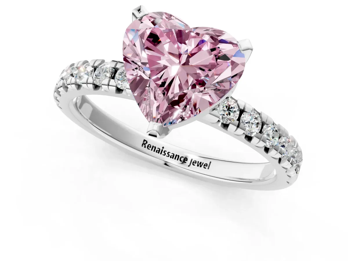 Fancy Pink Heart Cut Diamond Solitaire Pavé Engagement Ring with Round Band and Prong Setting White gold