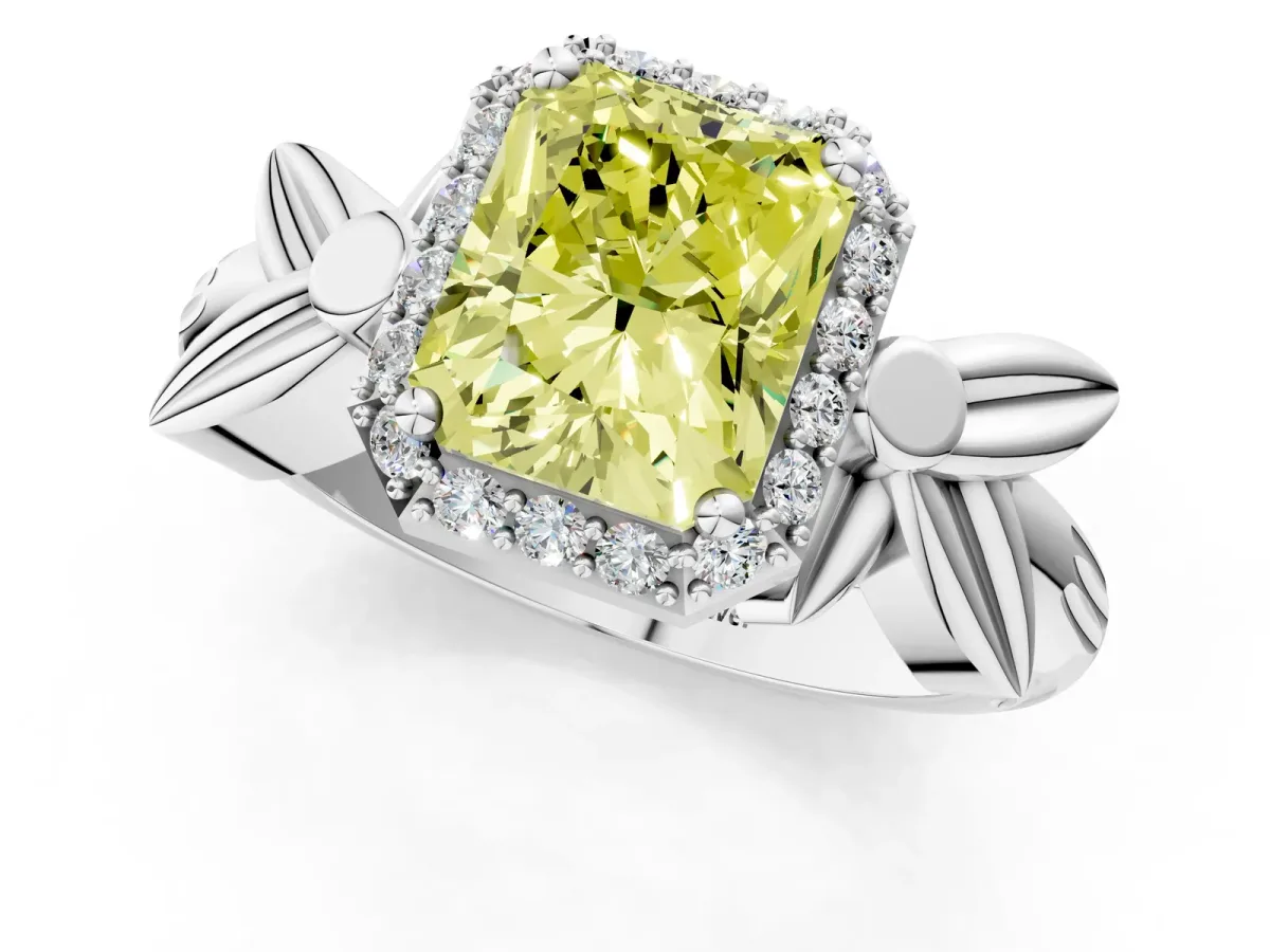 Fancy Yellow Radiant Cut Halo Diamond Floral Band with Four-Prong Setting Platinum