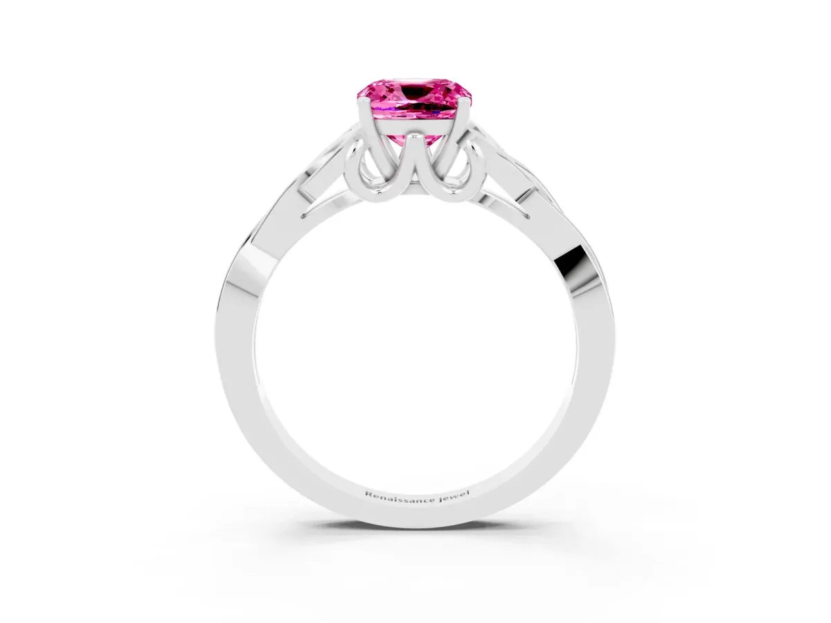 Cushion Cut Pink Sapphire Solitaire Engagement Ring with Celtic Knot Band and Four-Prong Setting White gold