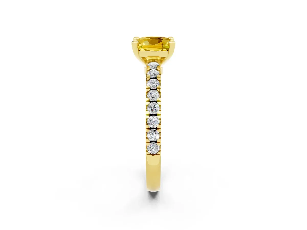 Cushion Cut Solitaire Yellow Sapphire with Pavé Band and Four-Prong Setting Yellow gold