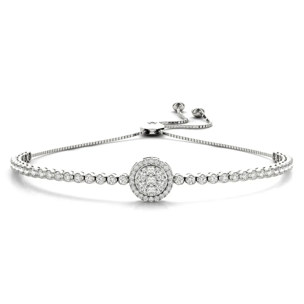Round Diamond Halo Tennis Bracelet with Box Chain and Pavé Setting White gold