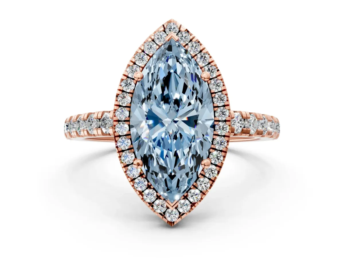 Fancy Blue Marquise Cut Diamond Halo Ring with Pavé Band and Four-Prong Setting Rose gold
