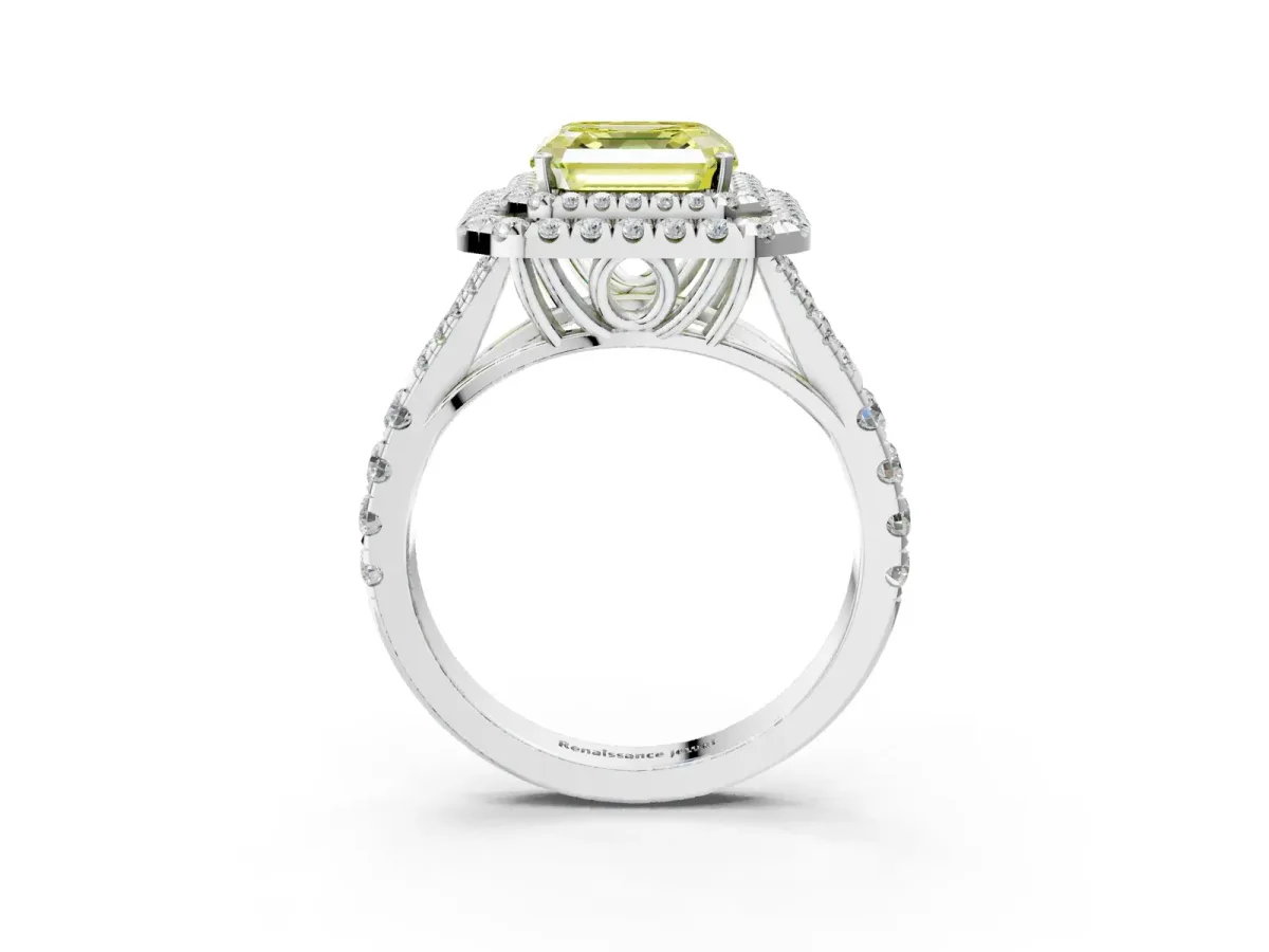 Fancy Yellow Asscher Cut Cut Double Halo Split Shank Diamond Ring with Prong Setting Platinum
