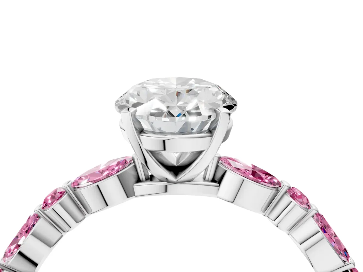 Oval Cut Diamond Ring with Marquise and Round Pink Sapphire Side Stones and Four-Prong Setting White gold