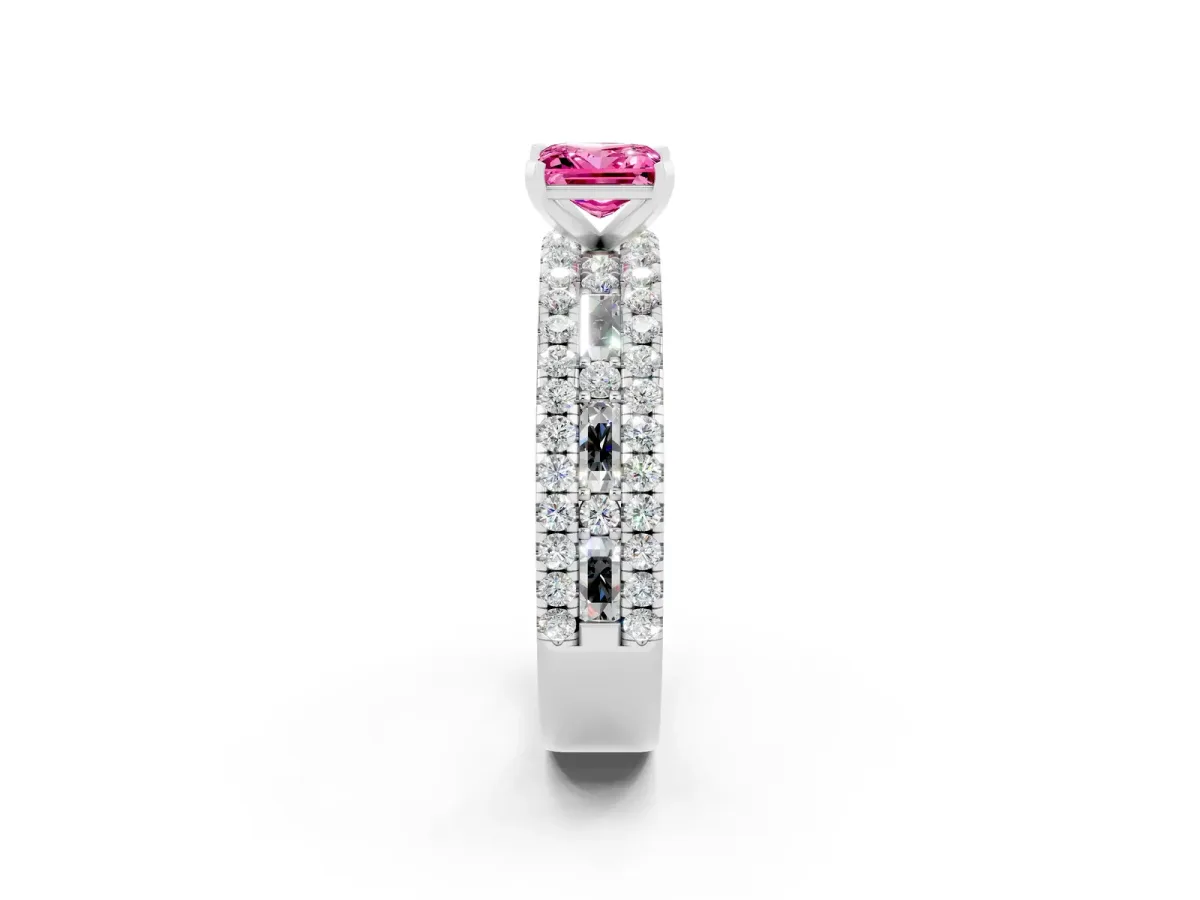 Princess Cut Pink Sapphire Solitaire Ring with Pavé and Channel Set Band White gold