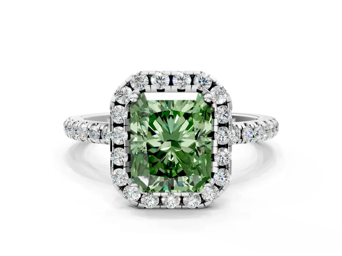 Fancy Green Radiant Cut Diamond Halo Engagement Ring with Round Pavé Band and Prong Setting Platinum