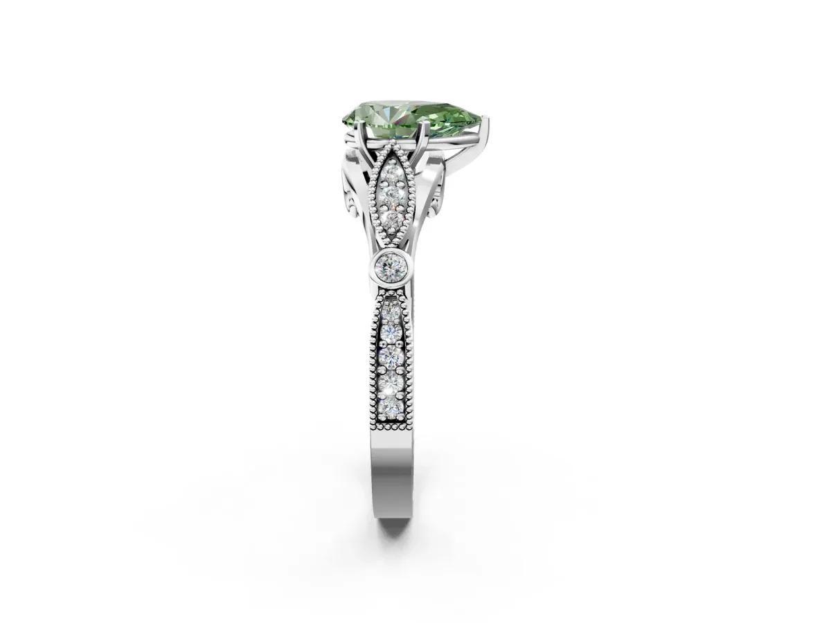 Fancy Green Pear Cut Cut Diamond with Milgrain Marquise and Bezel Accents on a Solitaire Band with Prong Setting Silver