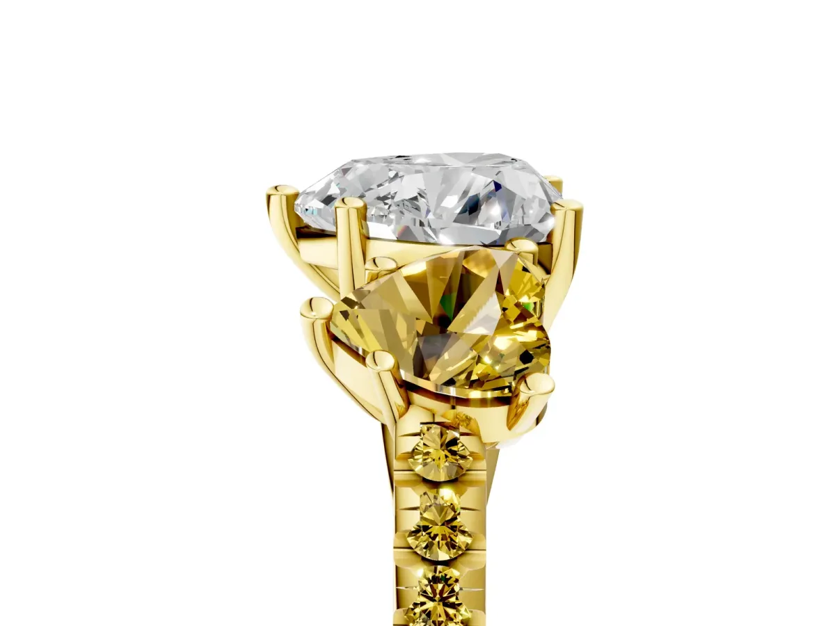 Three-Stone Heart Cut Diamond Ring with Round Yellow Sapphire Pavé Band and Prong Setting Yellow gold