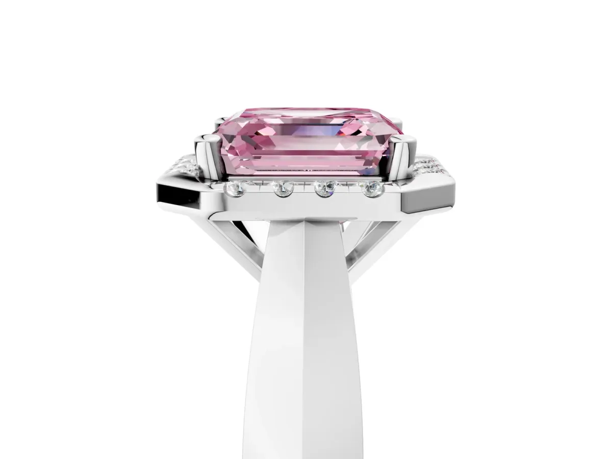 Fancy Pink Asscher Cut Cut Halo Solitaire Engagement Ring with Square Band and Four-Prong Setting White gold