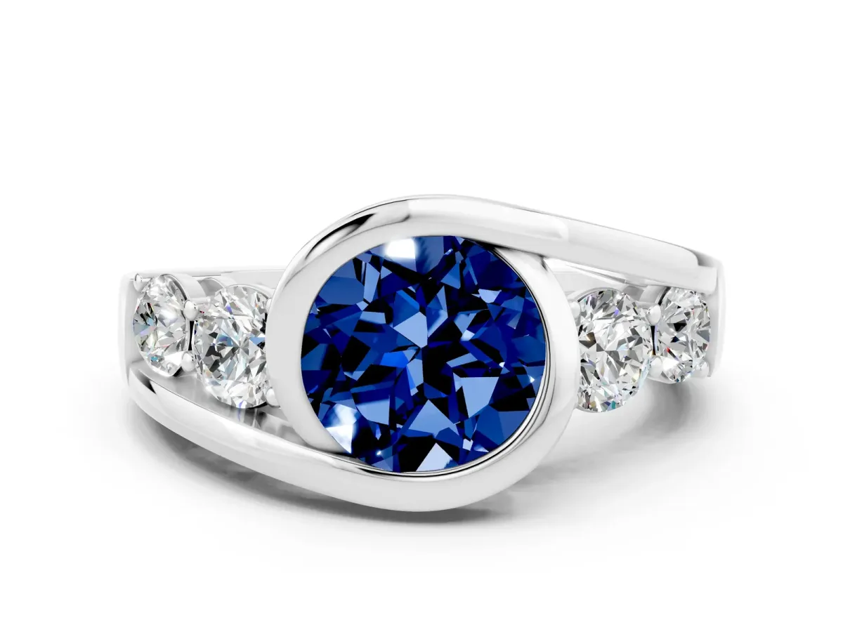 Bezel Set Round Cut Blue Sapphire Bypass Ring with Round Accents Silver