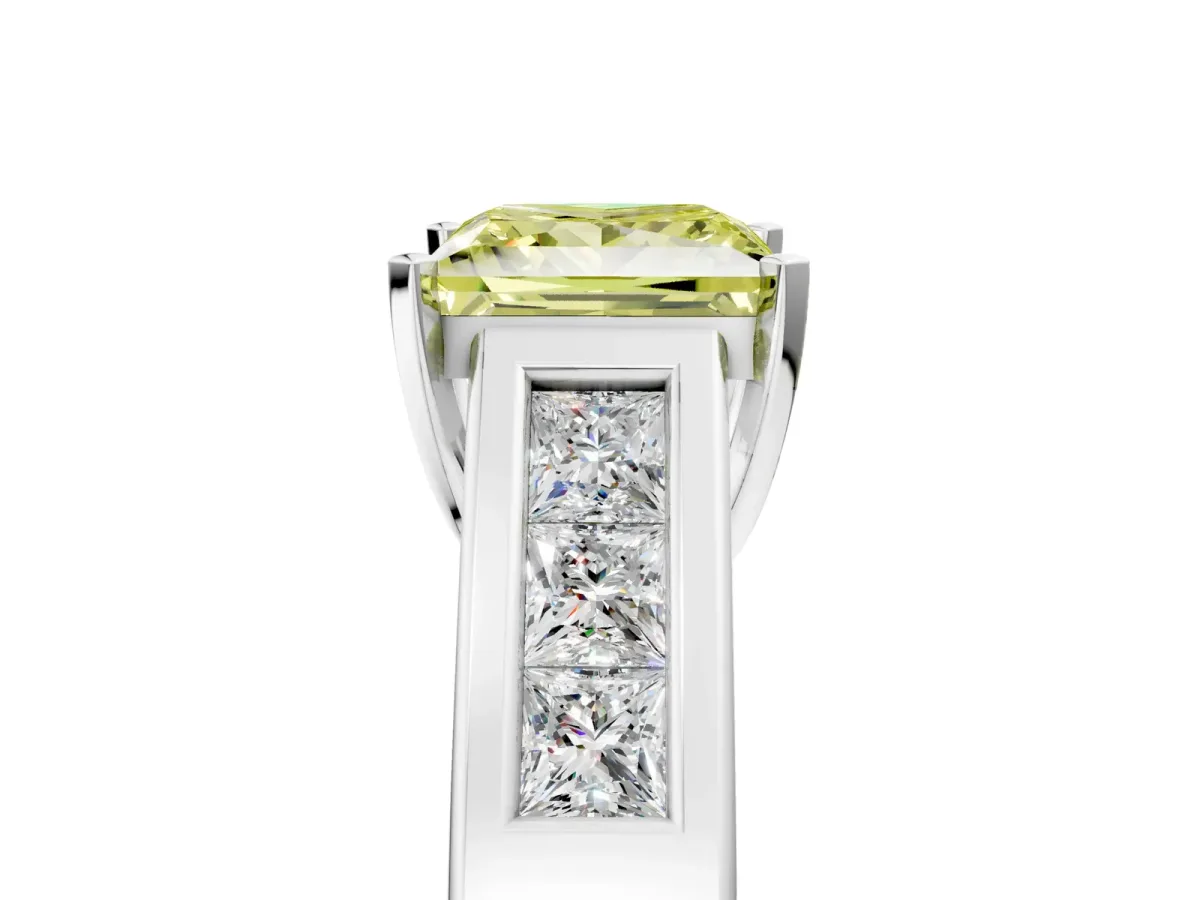 Fancy Yellow Princess Cut Cut Channel Set Solitaire Ring with Four-Prong Setting Platinum