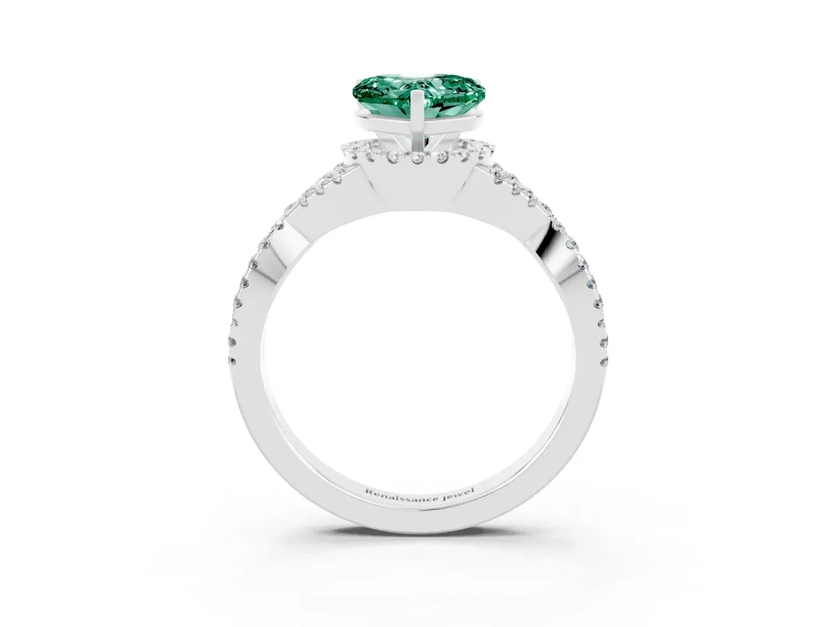 Heart Cut Green Sapphire Halo Twist Band Solitaire Prong Setting Ring White gold