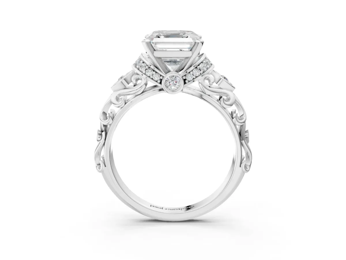 Asscher Cut Diamond Solitaire Ring with Filigree Band and Four-Prong Setting Platinum