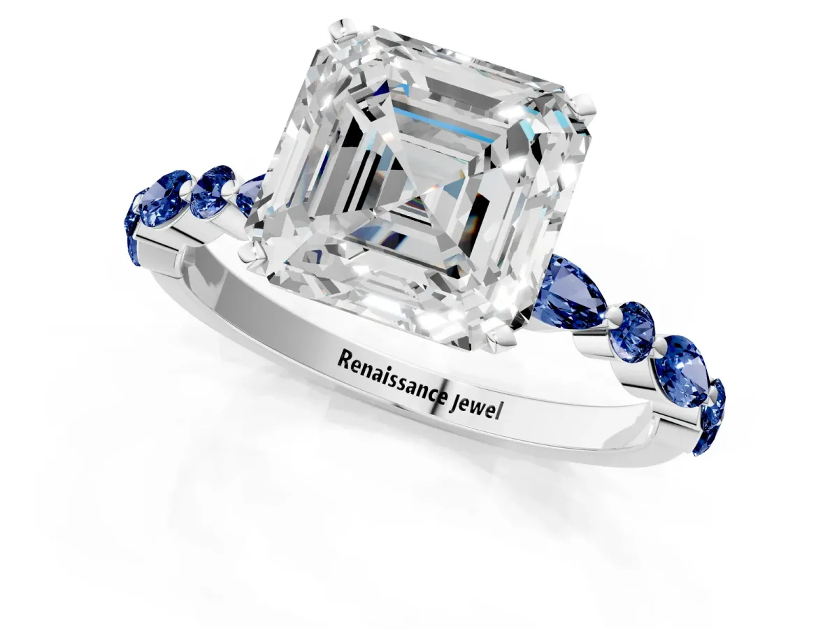 Asscher Cut Diamond Ring with Marquise and Round Blue Sapphire Side Stones and Four-Prong Setting White gold