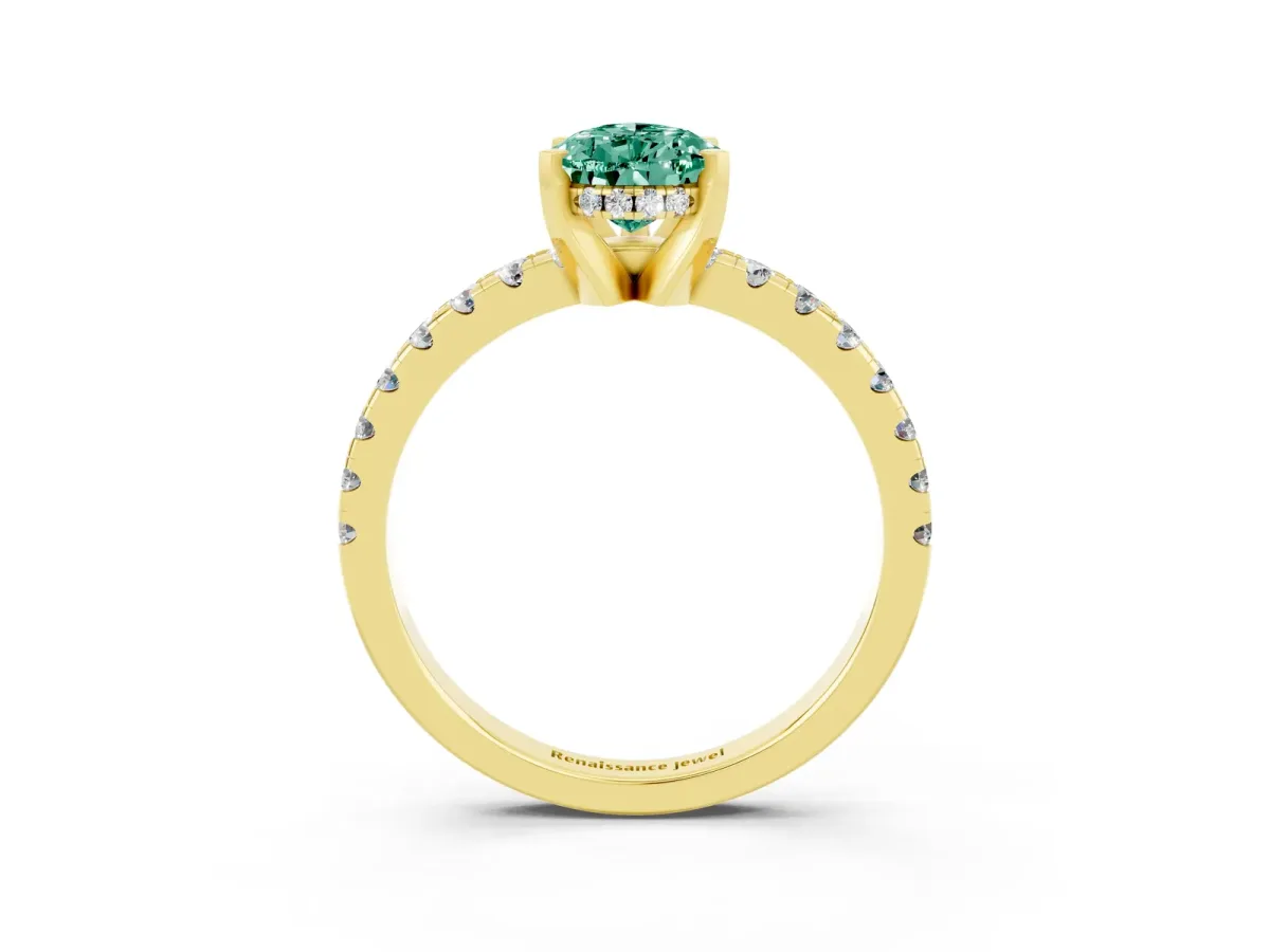 Pear Cut Green Sapphire Solitaire Ring with Round Pavé Band and Four-Prong Setting Yellow gold