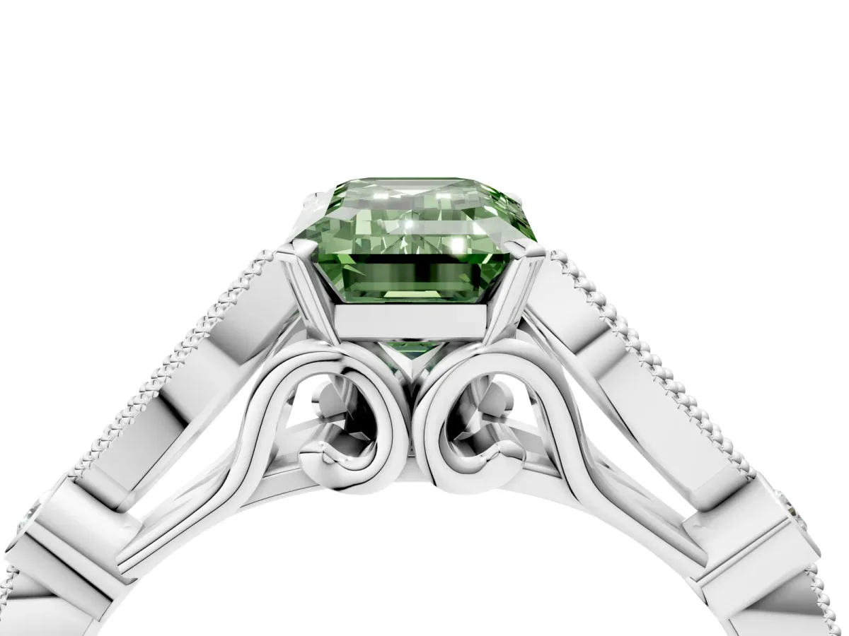 Fancy Green Emerald Cut Cut Diamond with Milgrain Marquise and Bezel Accents on a Solitaire Band with Prong Setting Silver