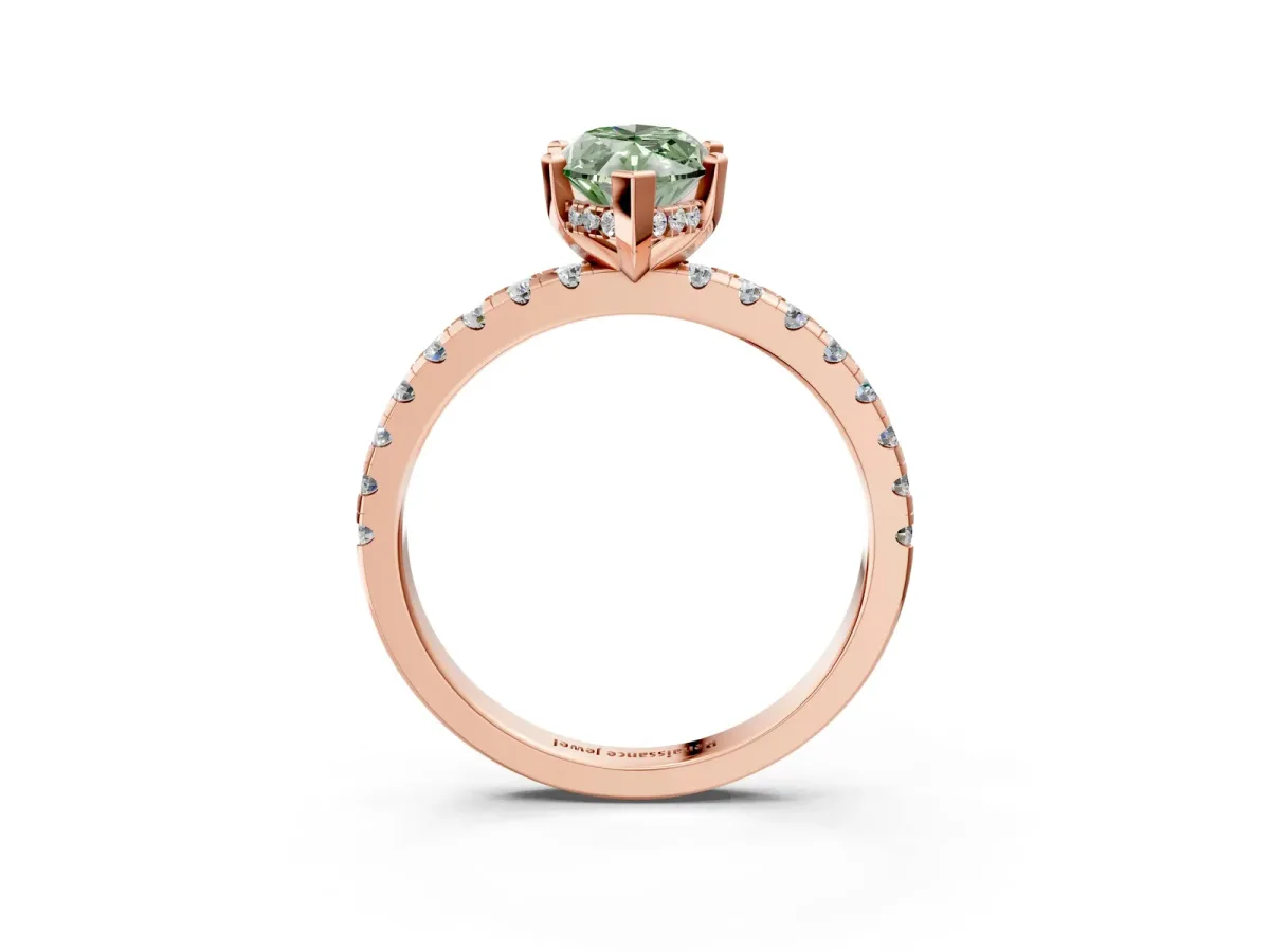 Fancy Green Marquise Cut Diamond Solitaire Ring with Round Pavé Band and Four-Prong Setting Rose gold