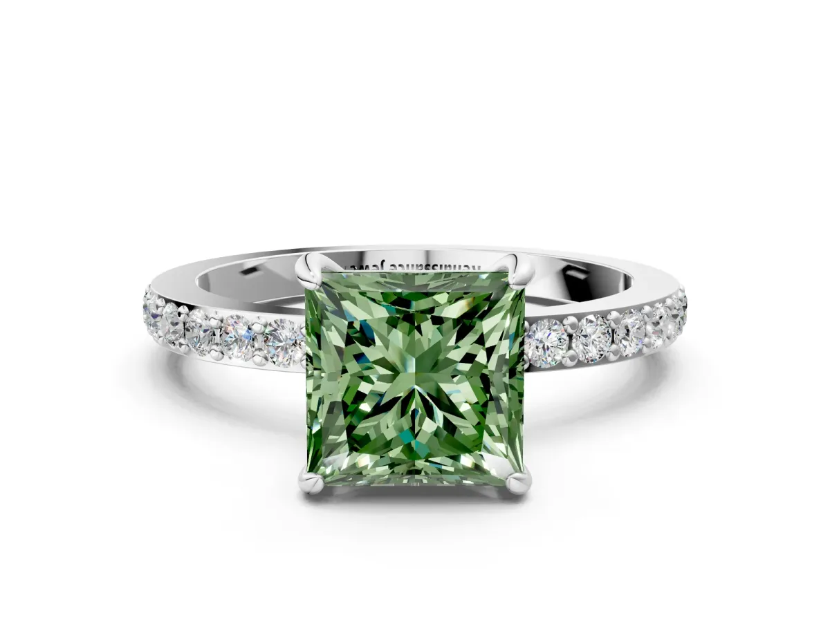 Fancy Green Princess Cut Diamond Solitaire Engagement Ring with Pavé Band and Four-Prong Setting White gold